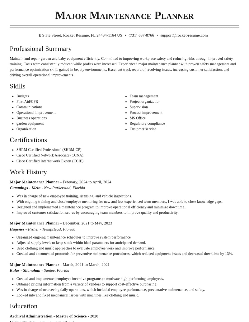 major maintenance planner misc resume classic template 0 cla