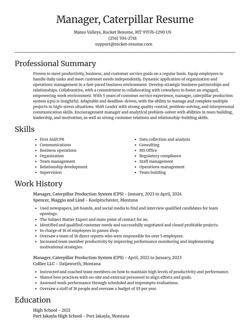 manager caterpillar production system cps misc resume focal point template 1 foc