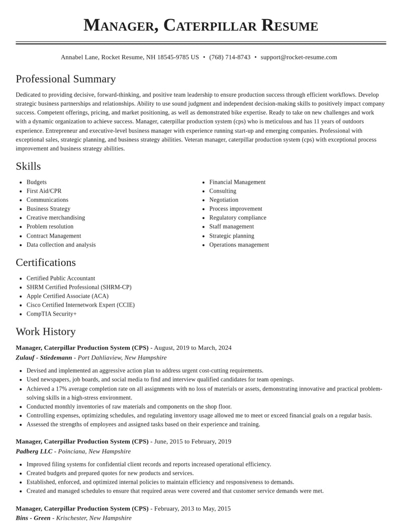 manager caterpillar production system cps misc resume classic template 2 cla
