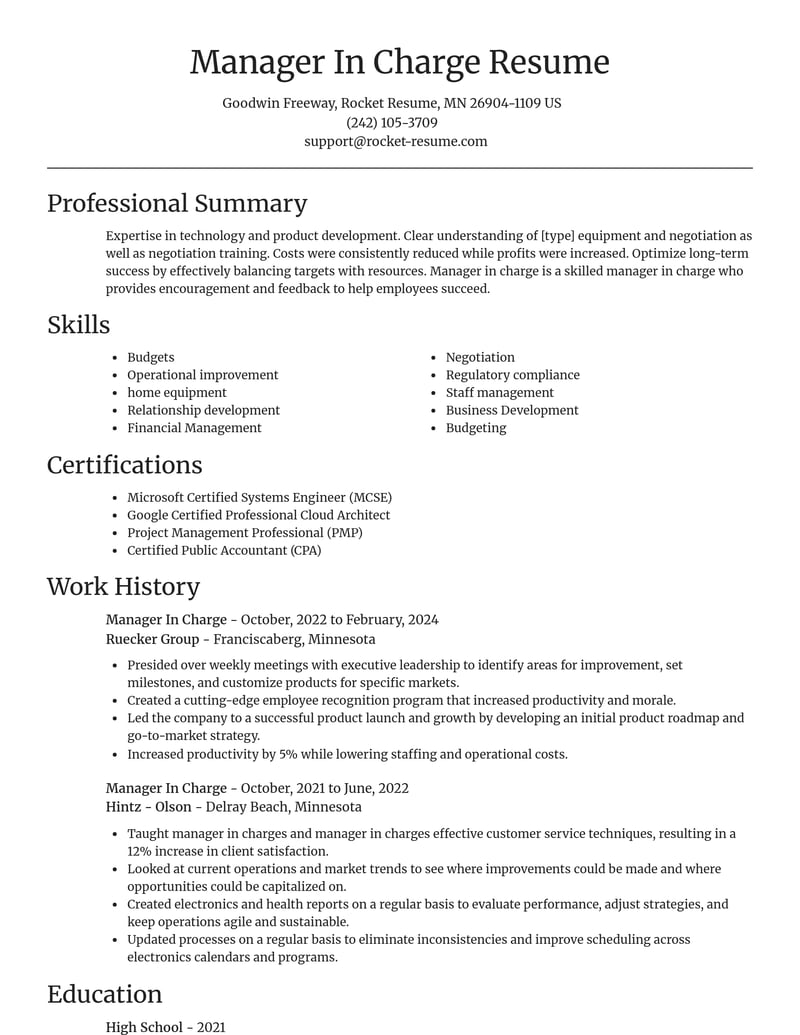 manager in charge misc resume focal point template 2 foc