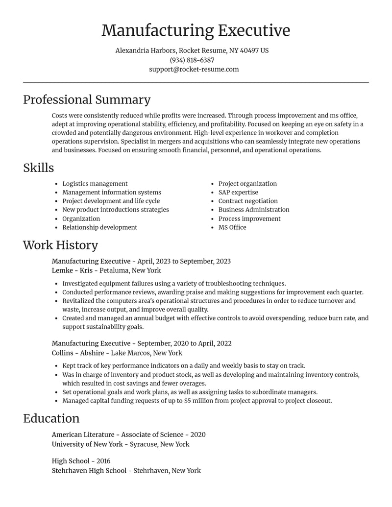 manufacturing executive misc resume focal point template 2 foc