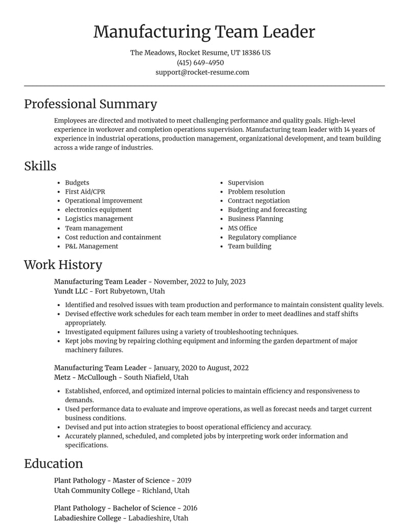 manufacturing team leader misc resume focal point template 2 foc