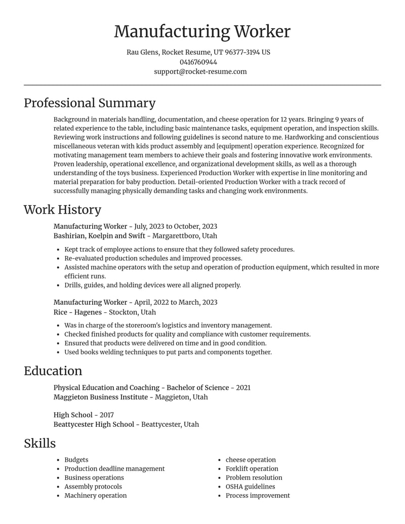 manufacturing worker misc resume focal point template 0 foc