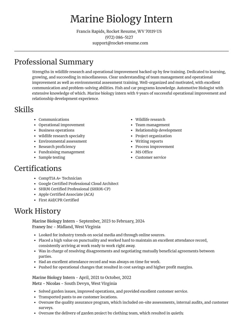 marine biology intern misc resume focal point template 2 foc
