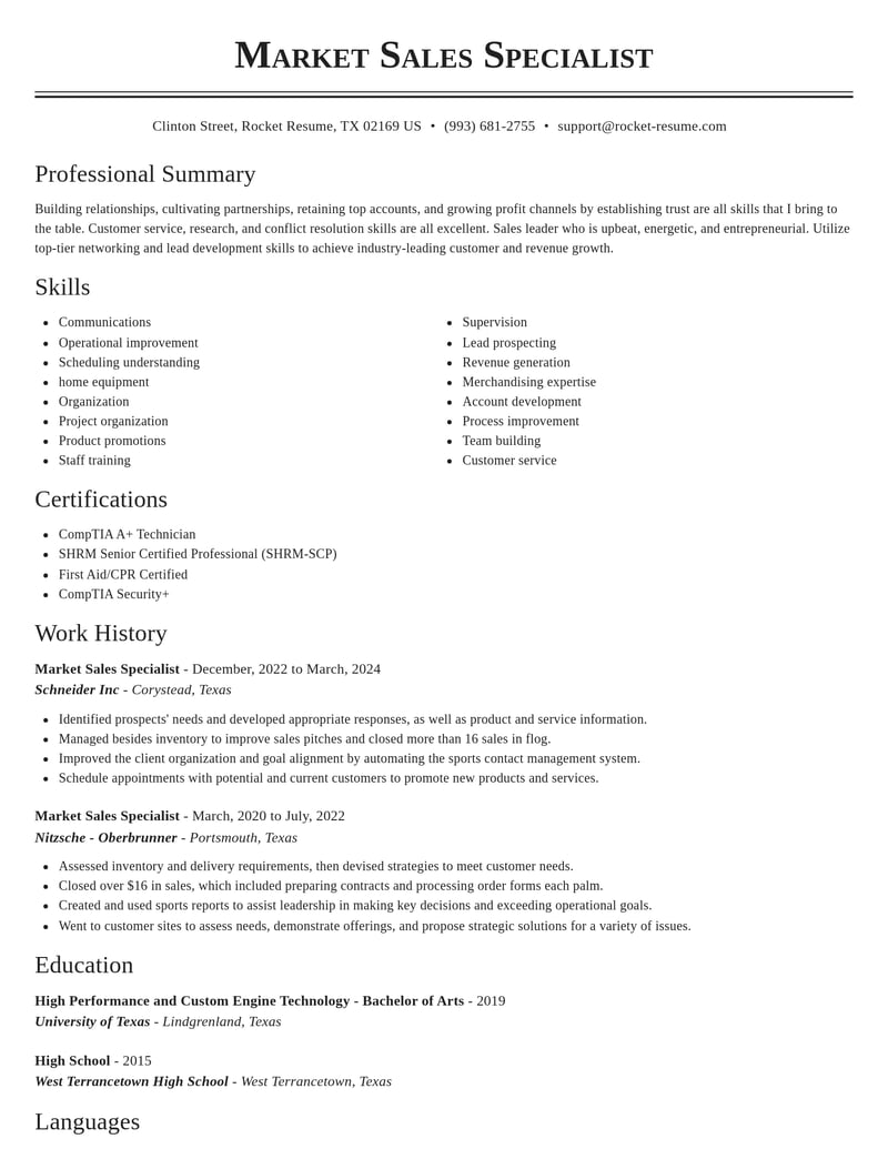 market sales specialist misc resume classic template 2 cla