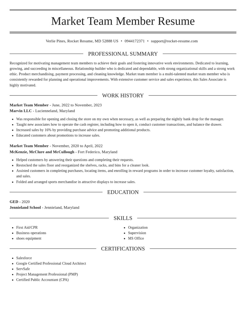 market team member misc resume elegant template 1 ele