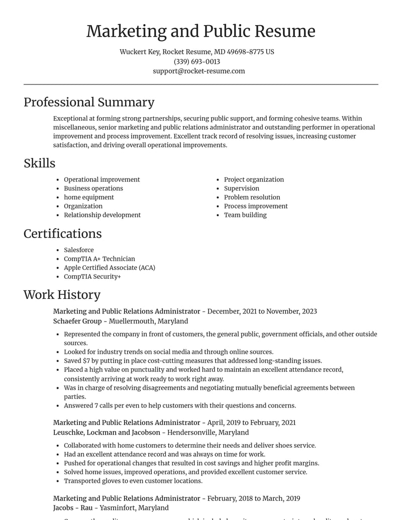 marketing and public relations administrator misc resume focal point template 1 foc