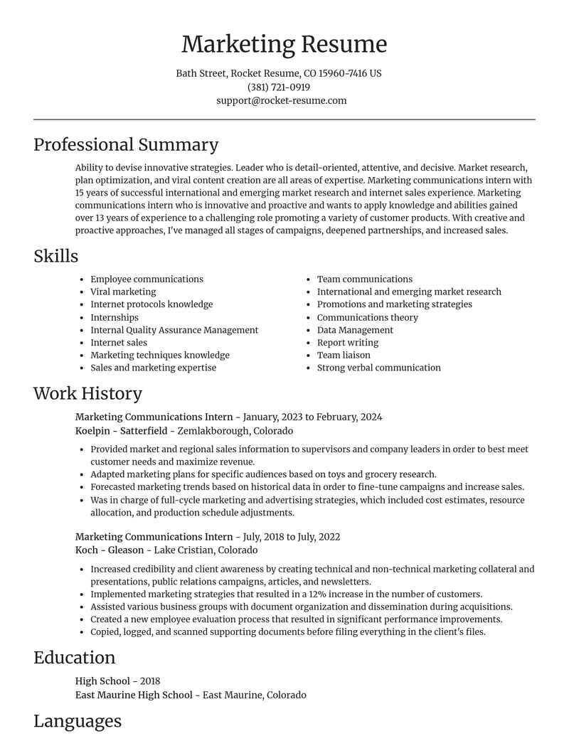 marketing communications intern misc resume focal point template 1 foc