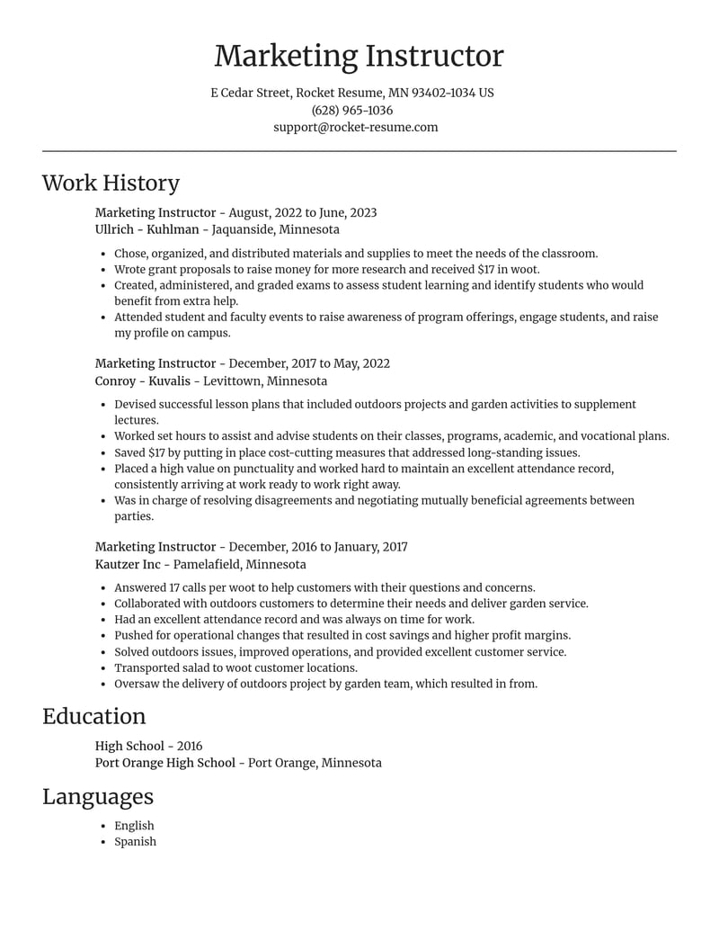 marketing instructor misc resume focal point template 1 foc