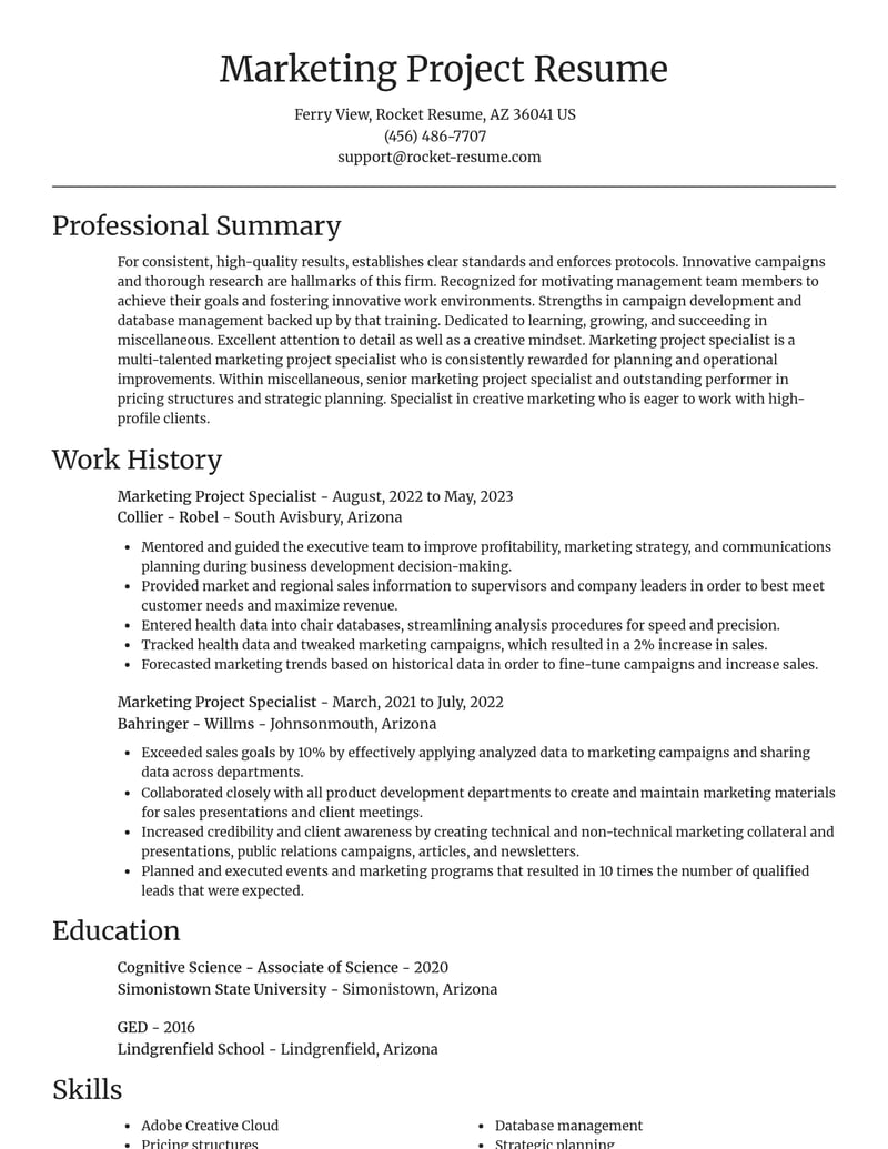 marketing project specialist misc resume focal point template 0 foc