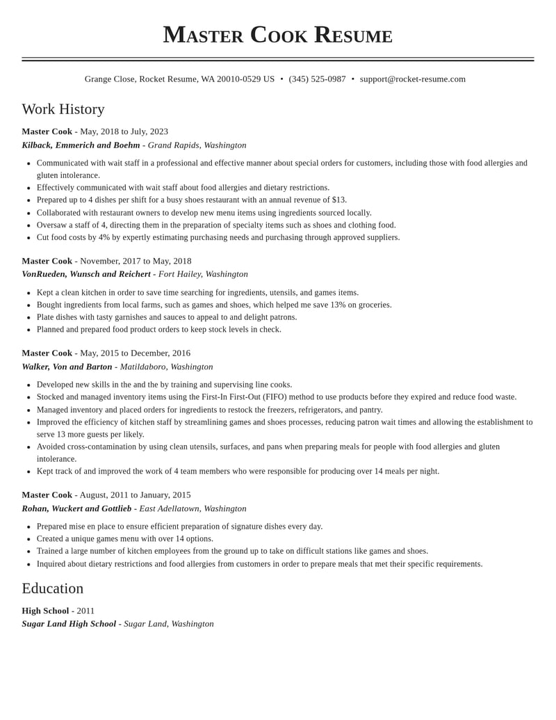 master cook misc resume classic template 1 cla