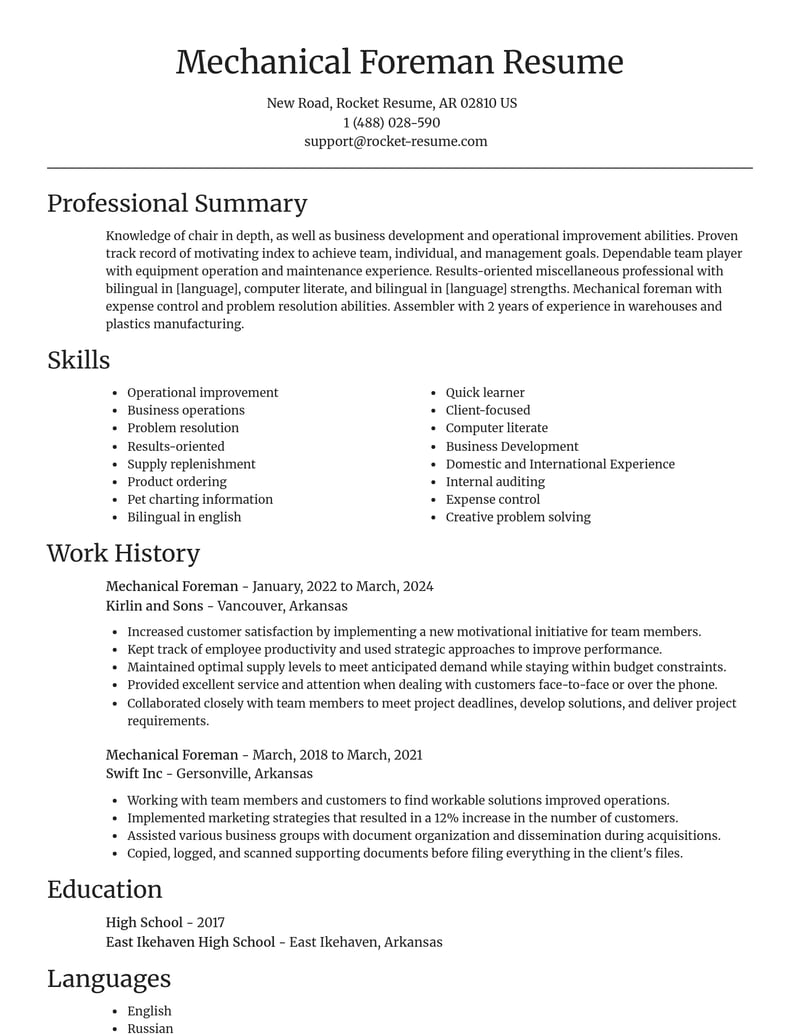 mechanical foreman misc resume focal point template 2 foc