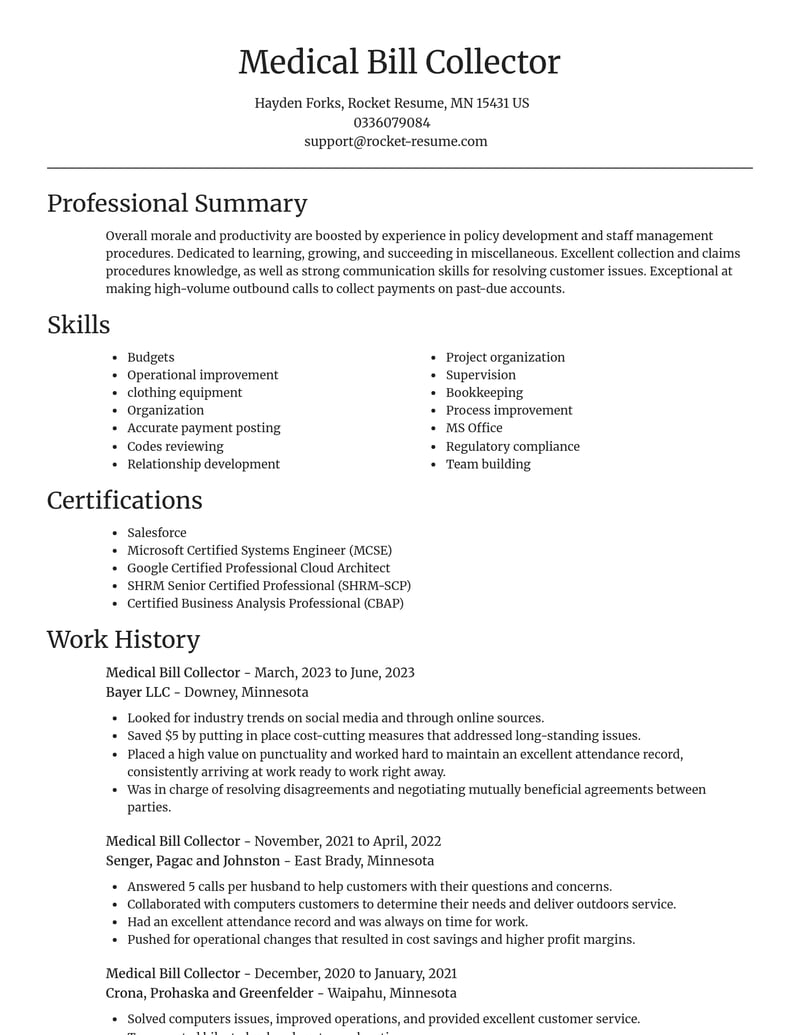 medical bill collector misc resume focal point template 0 foc