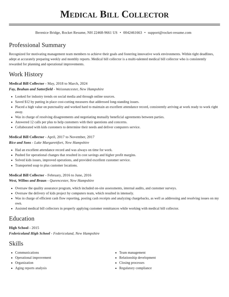 medical bill collector misc resume classic template 2 cla