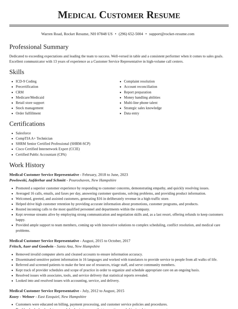 medical customer service representative misc resume classic template 0 cla