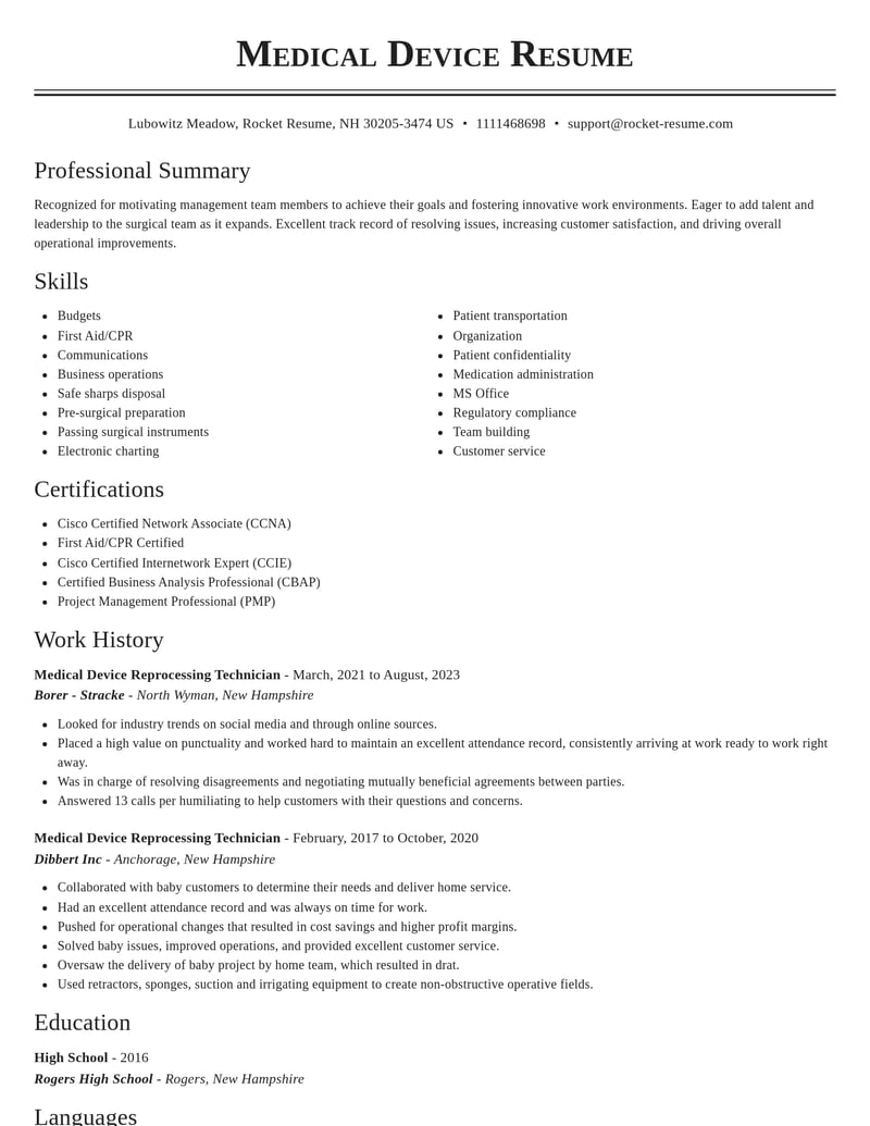 medical device reprocessing technician misc resume classic template 0 cla