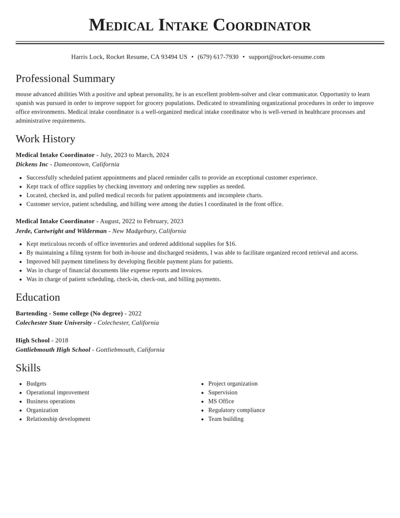 medical intake coordinator misc resume classic template 1 cla