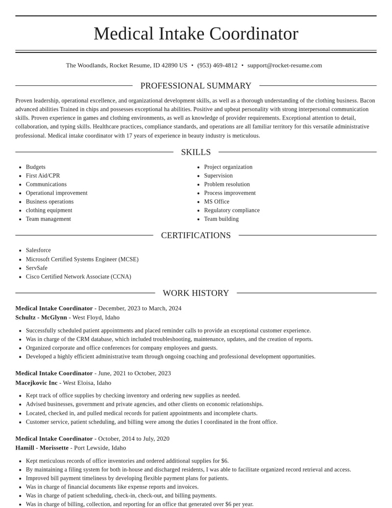 medical intake coordinator misc resume elegant template 2 ele