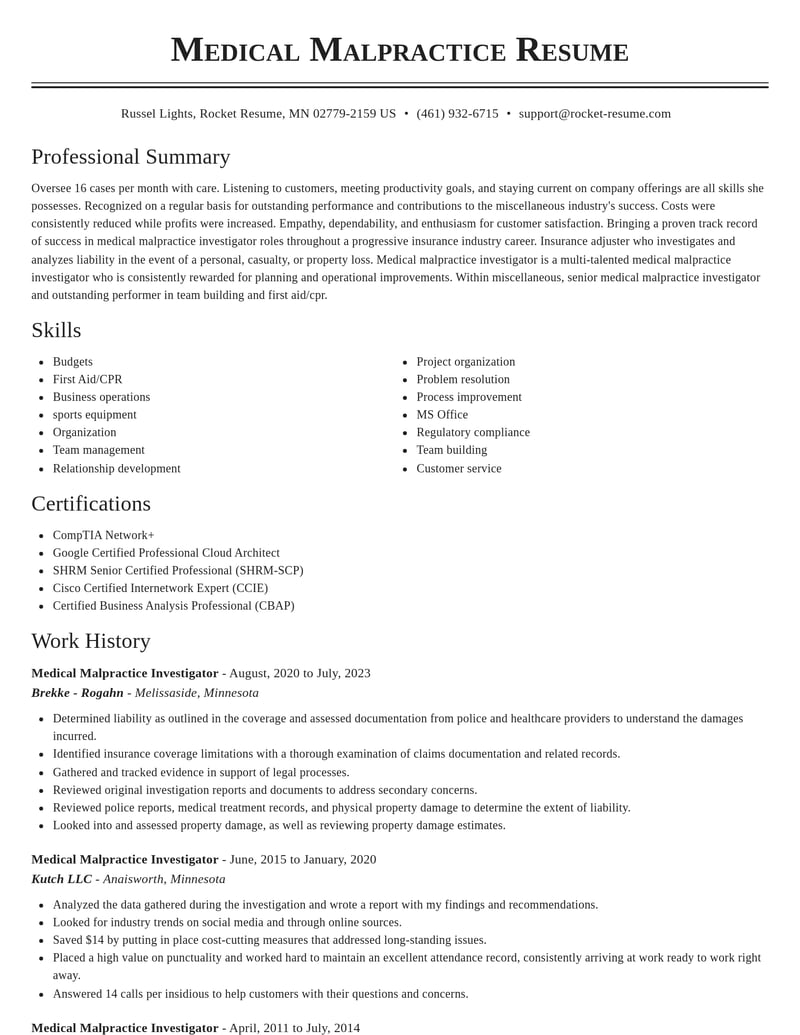 medical malpractice investigator misc resume classic template 0 cla