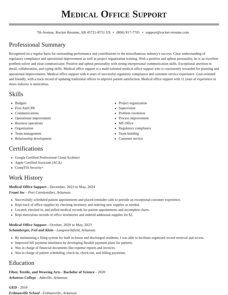 medical office support misc resume classic template 2 cla