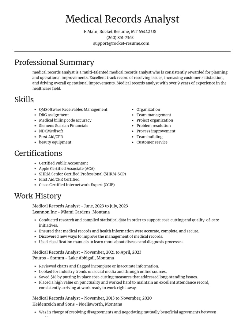 medical records analyst misc resume focal point template 0 foc