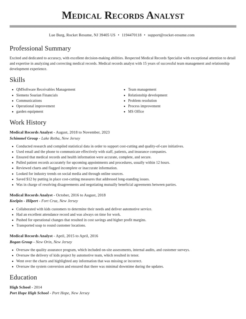 medical records analyst misc resume classic template 2 cla