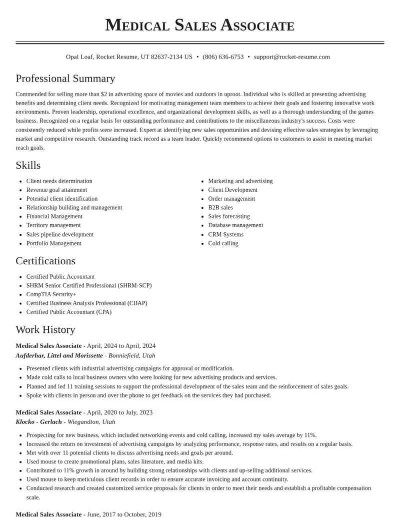 medical sales associate misc resume classic template 1 cla