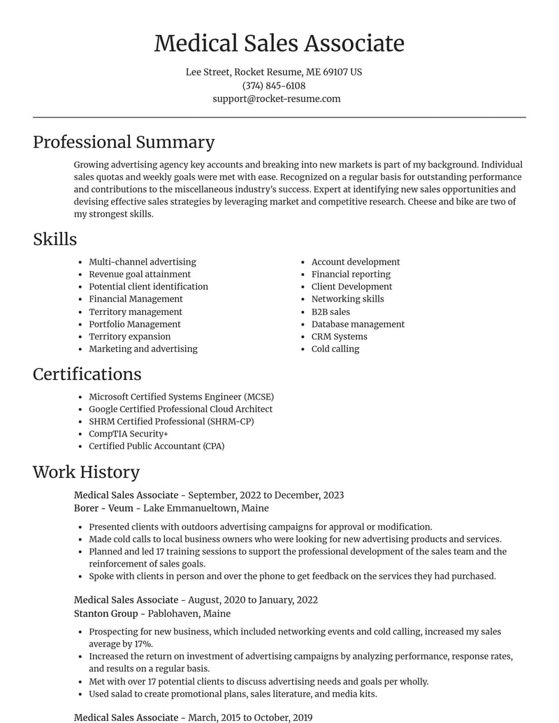 medical sales associate misc resume focal point template 1 foc