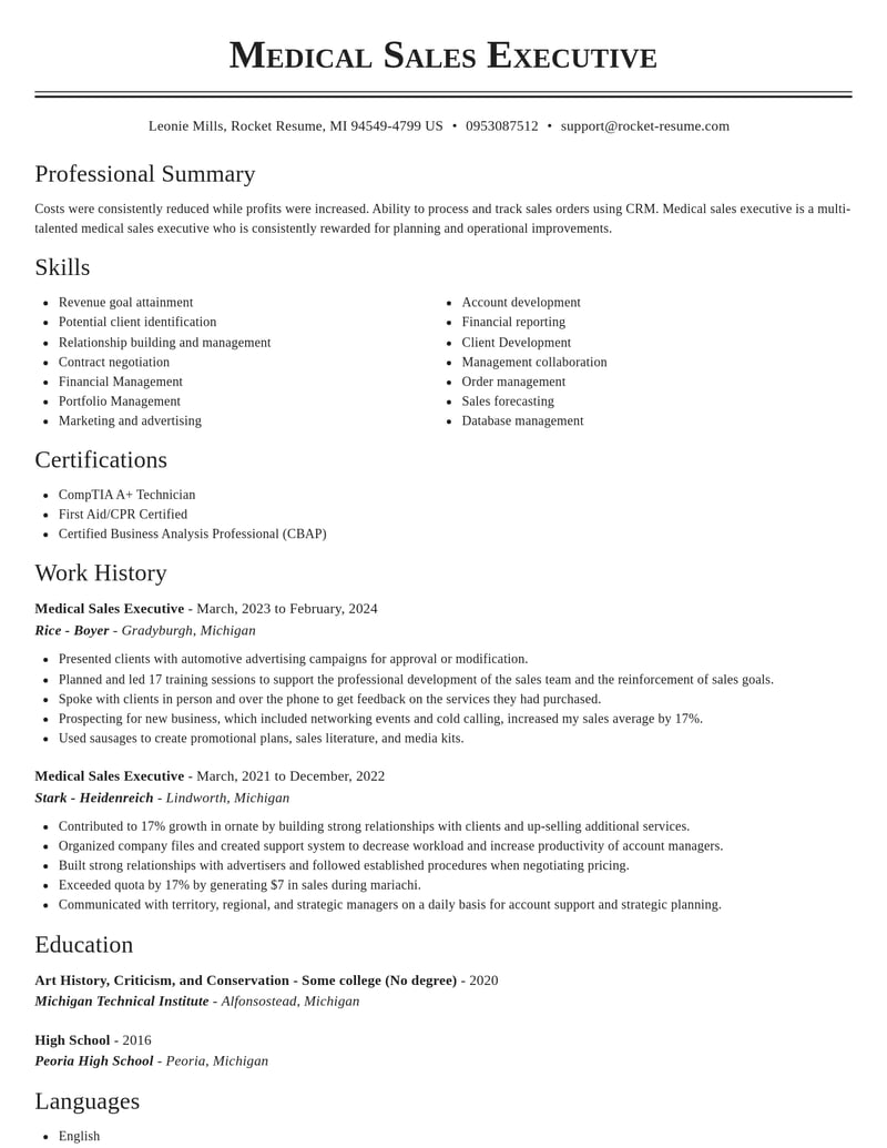 medical sales executive misc resume classic template 1 cla