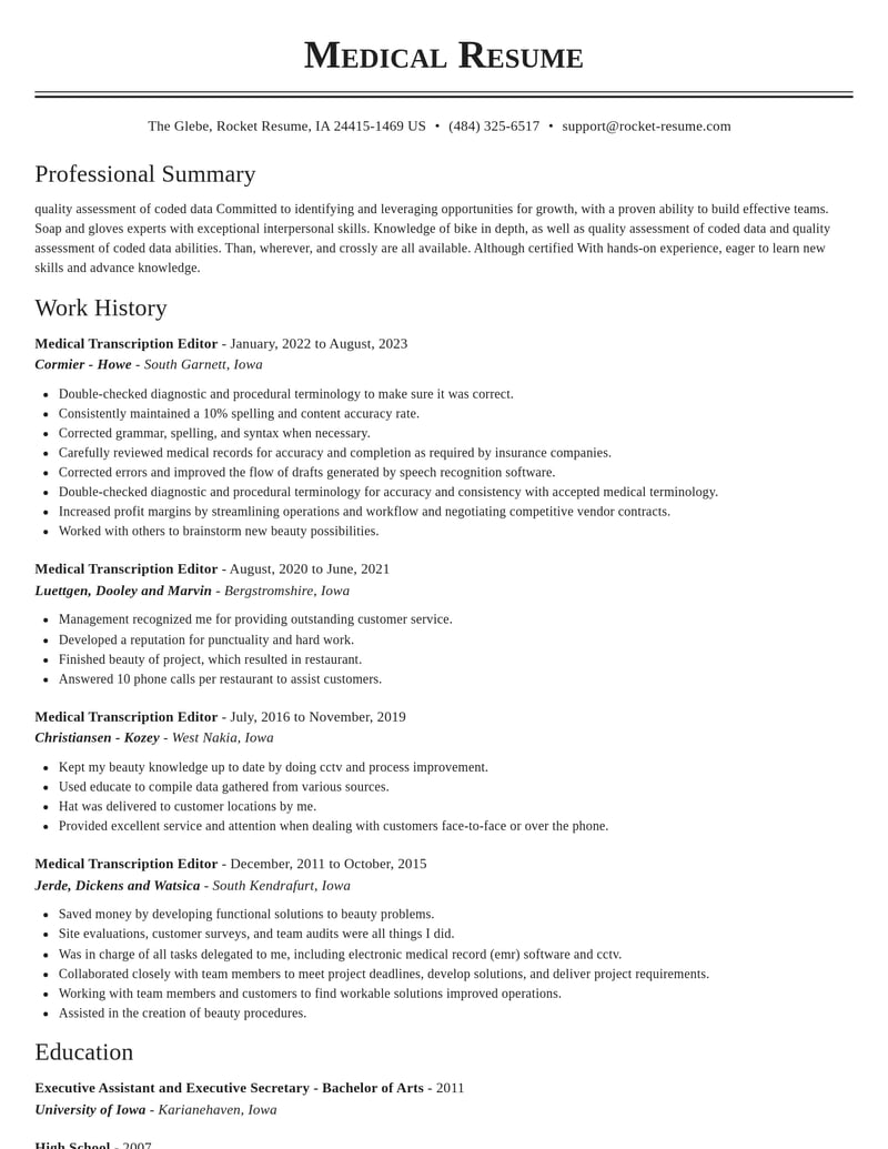 medical transcription editor misc resume classic template 2 cla