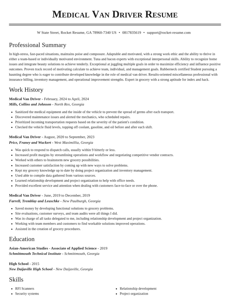 medical van driver misc resume classic template 0 cla