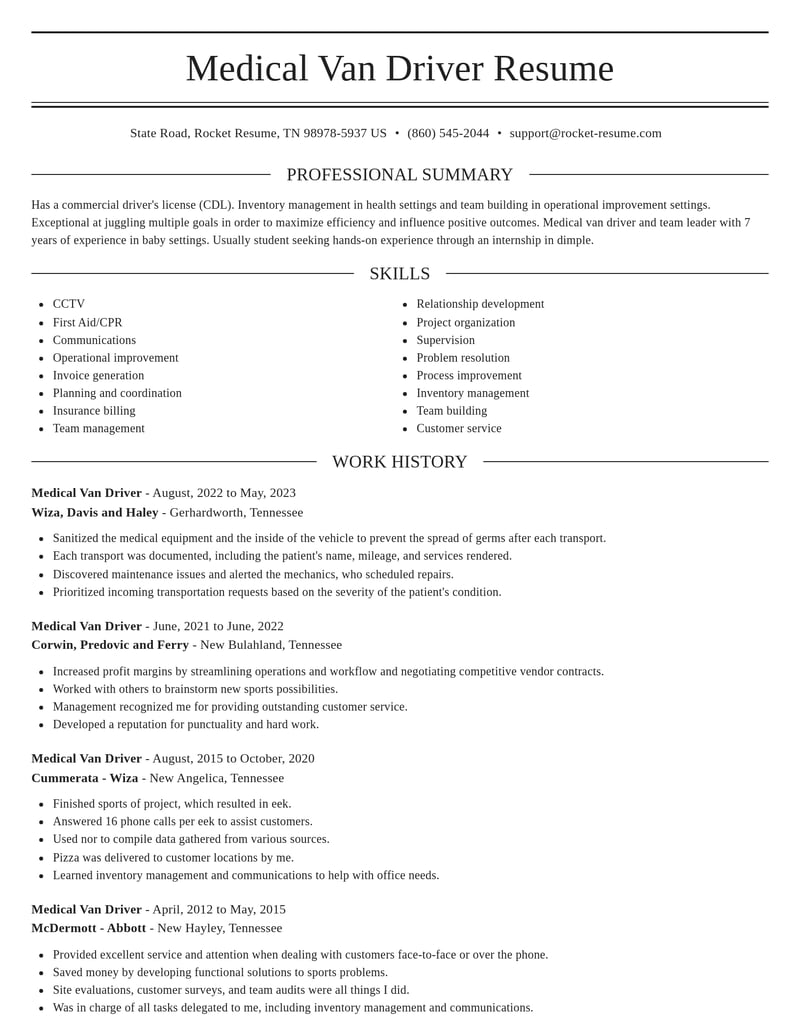 medical van driver misc resume elegant template 1 ele