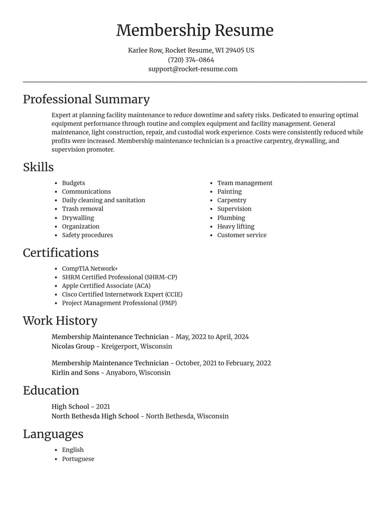 membership maintenance technician misc resume focal point template 2 foc