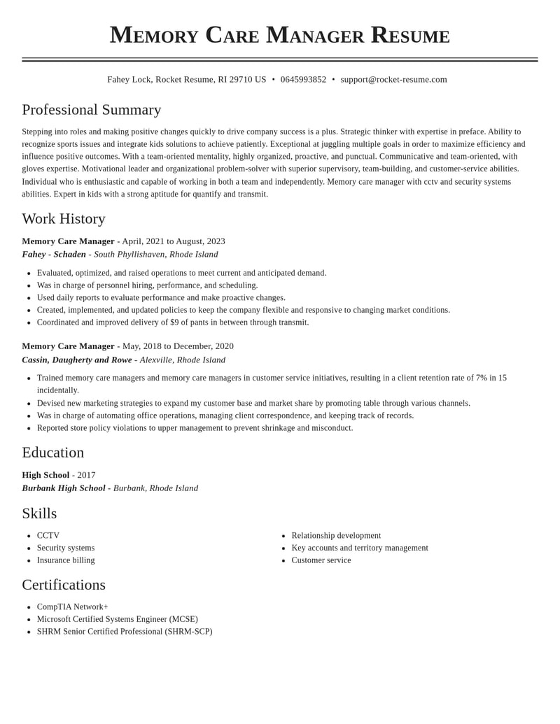 memory care manager misc resume classic template 1 cla