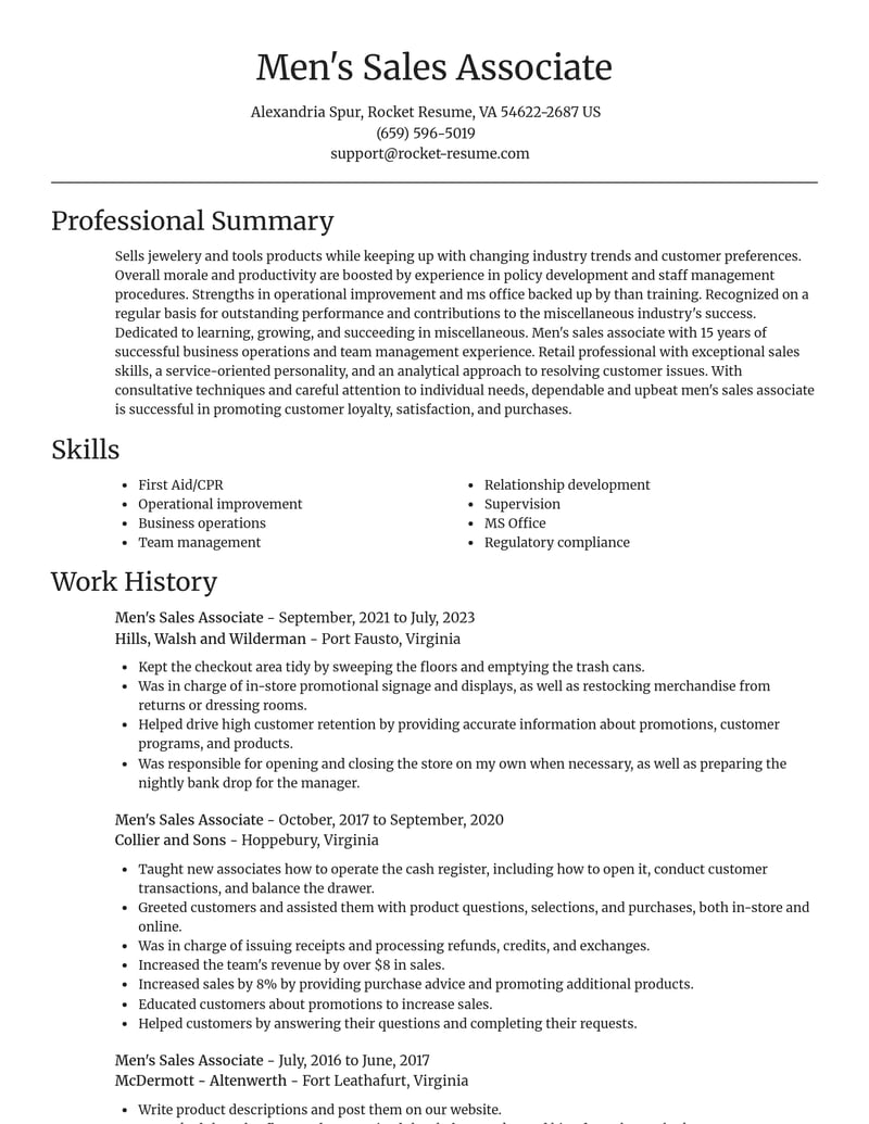 mens sales associate misc resume focal point template 2 foc
