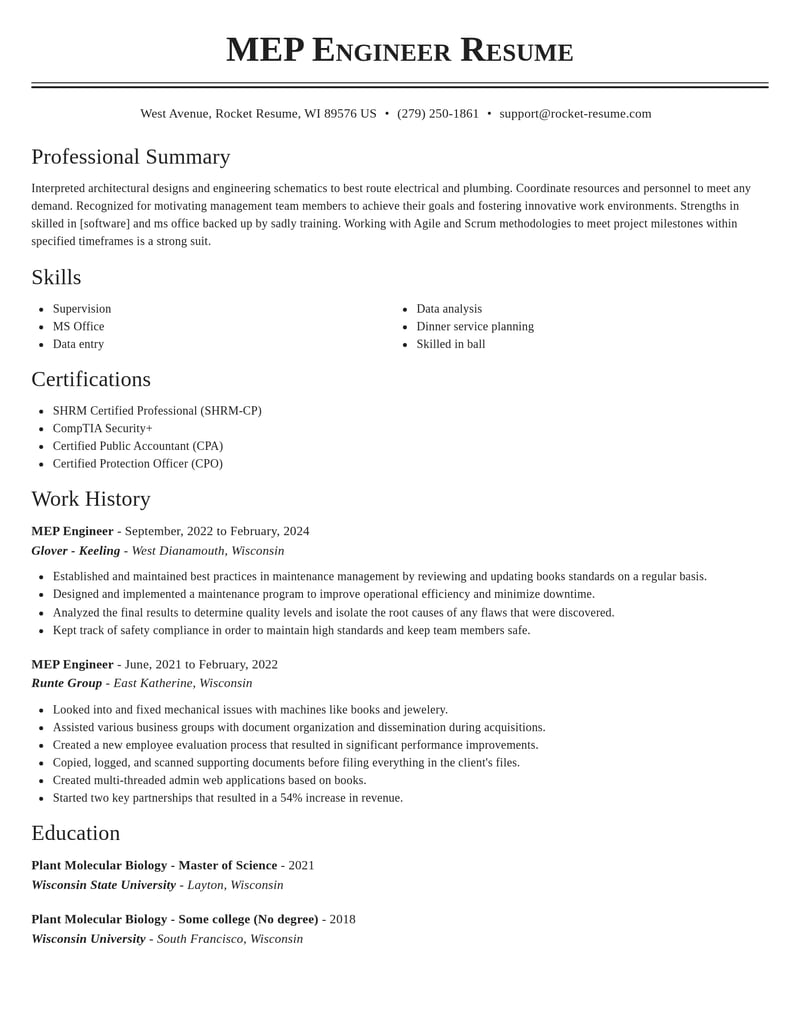 mep engineer misc resume classic template 2 cla