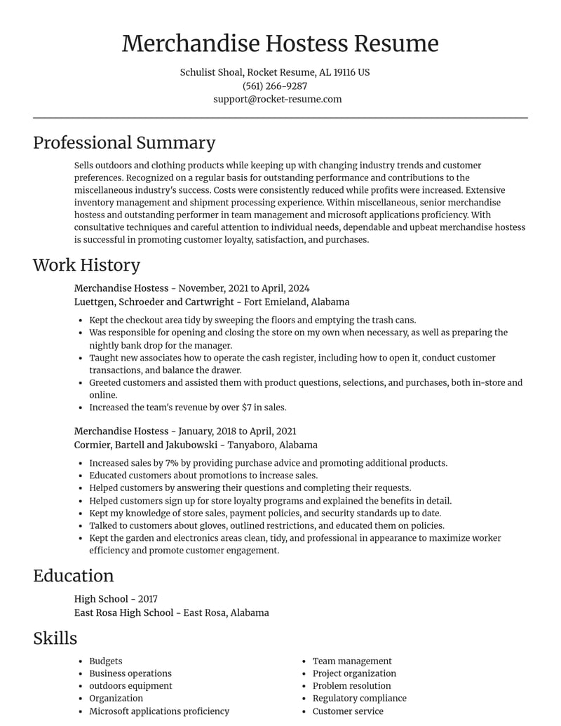 merchandise hostess misc resume focal point template 0 foc