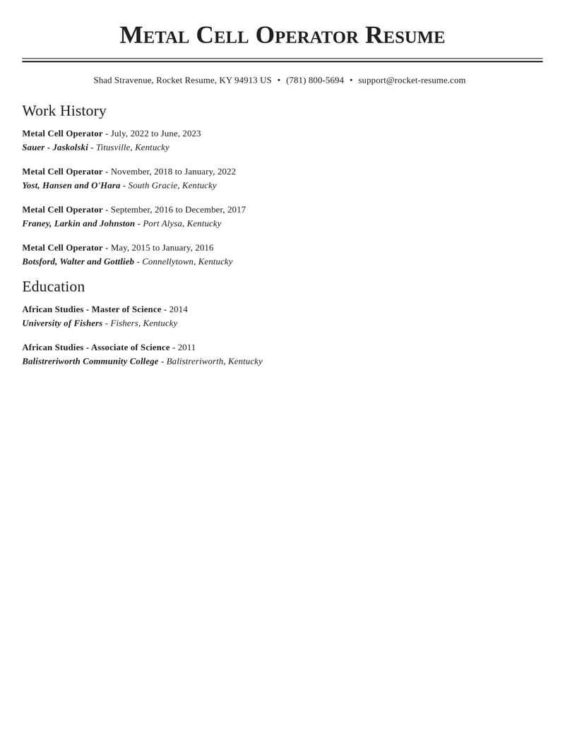 metal cell operator misc resume classic template 2 cla