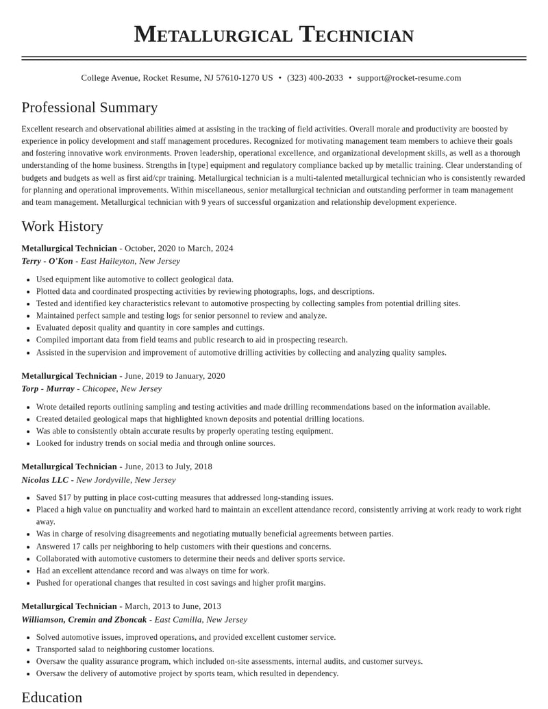 metallurgical technician misc resume classic template 0 cla