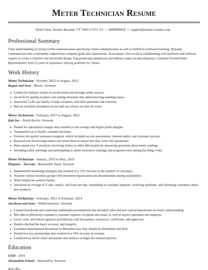 meter technician misc resume classic template 2 cla