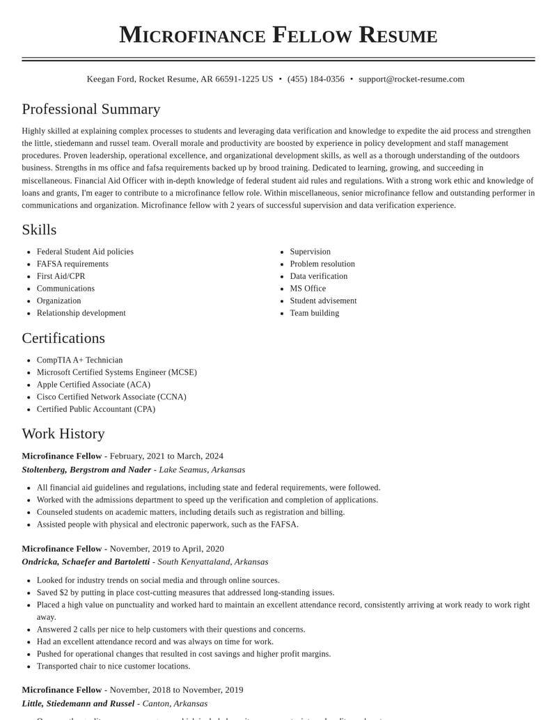 microfinance fellow misc resume classic template 1 cla
