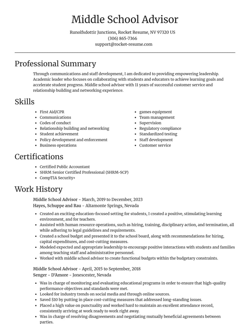 middle school advisor misc resume focal point template 2 foc