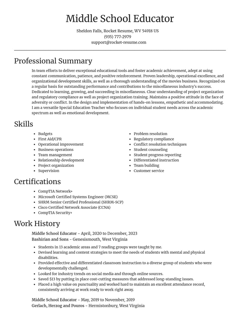 middle school educator misc resume focal point template 0 foc