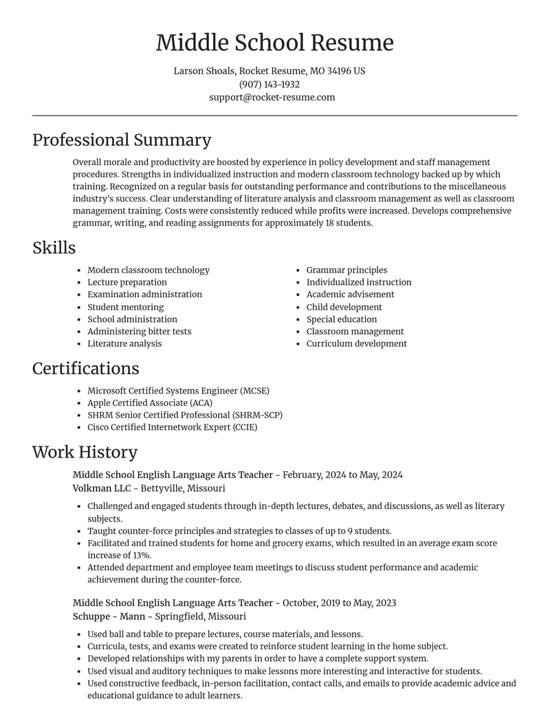 middle school english language arts teacher misc resume focal point template 2 foc