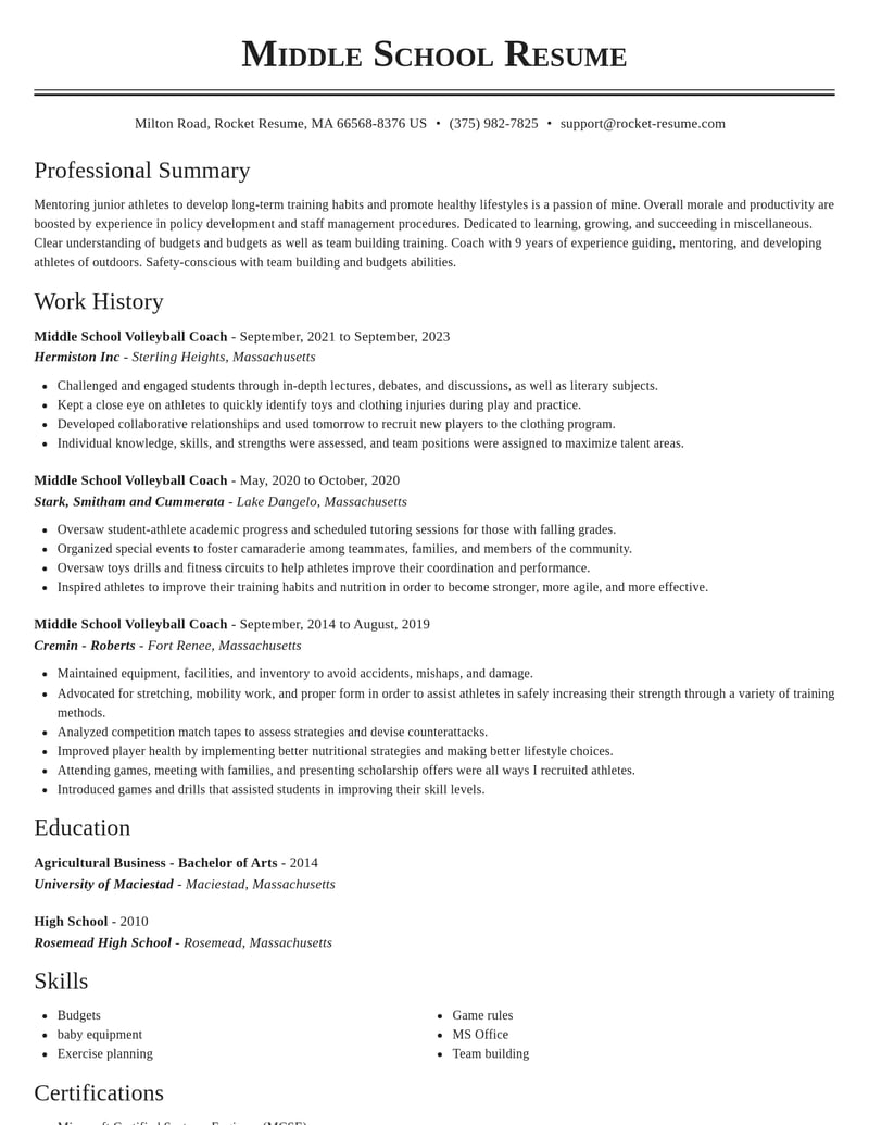 middle school volleyball coach misc resume classic template 1 cla