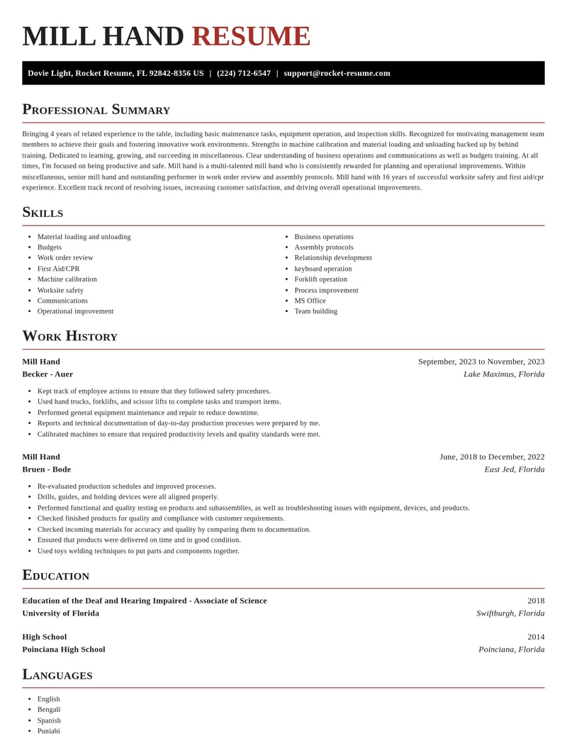 mill hand misc resume exquisite template 2 exq