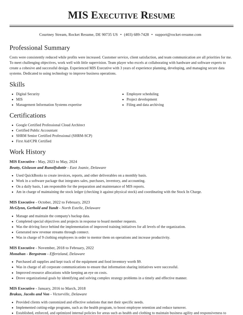 mis executive misc resume classic template 1 cla