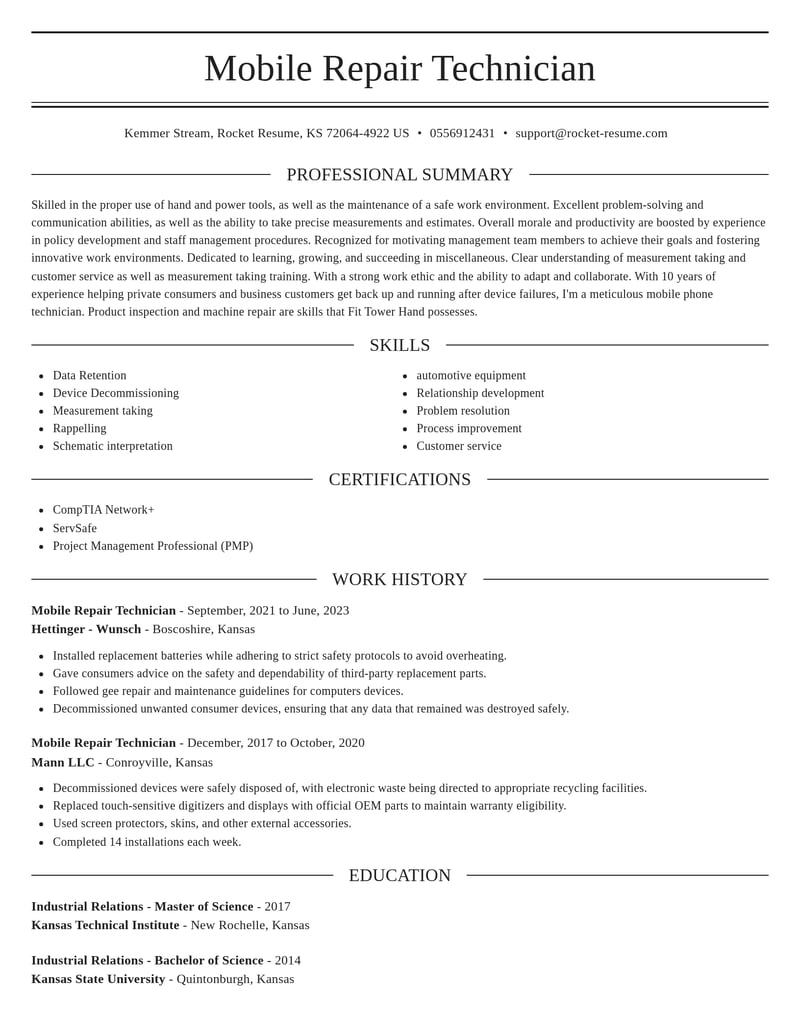 mobile repair technician misc resume elegant template 0 ele