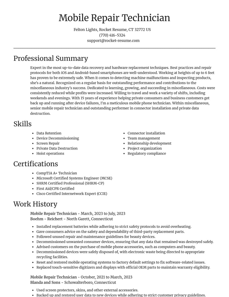 mobile repair technician misc resume focal point template 1 foc