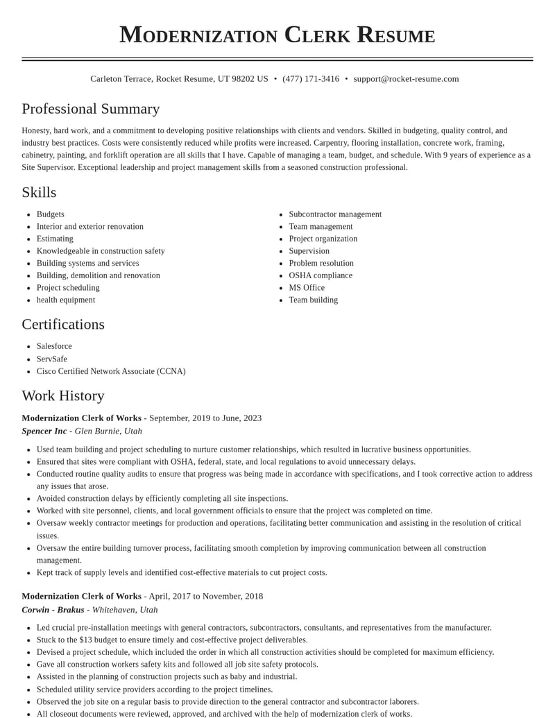 modernization clerk of works misc resume classic template 0 cla